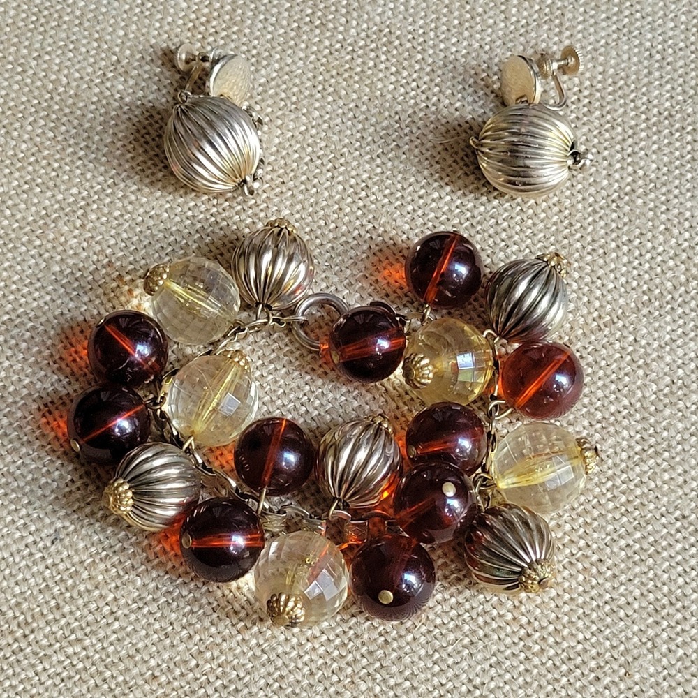 Vtg‎ 50s bauble bracelet screwback earrings set tortoiseshell lucite gold balls